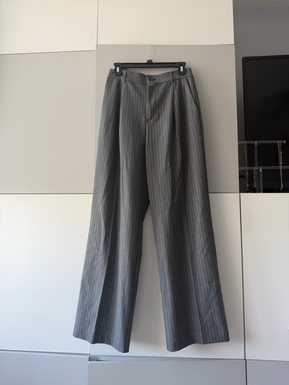 Zara Pinstriped Wide-Leg Trousers in Gray